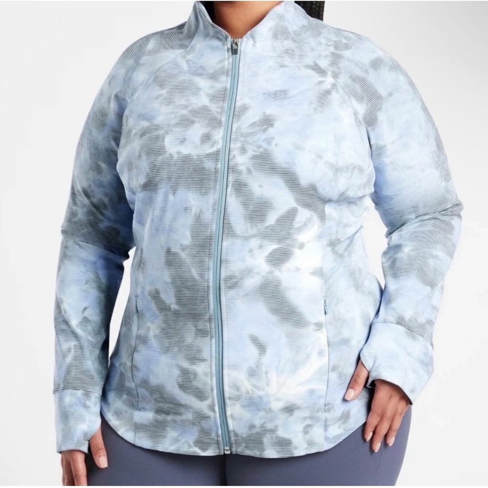 Athleta Momentum Printed Jacket 3X Blue Grey Tie Dye Stripe Full Zip Thumbholes